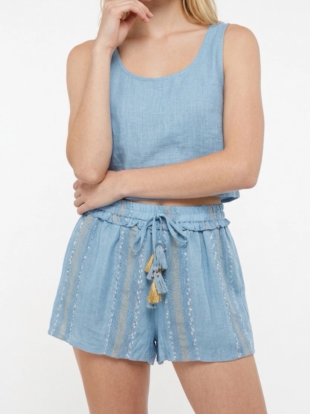 Surf Gypsy Juniors Medium Blue White Striped Pull On Paperbag Shorts